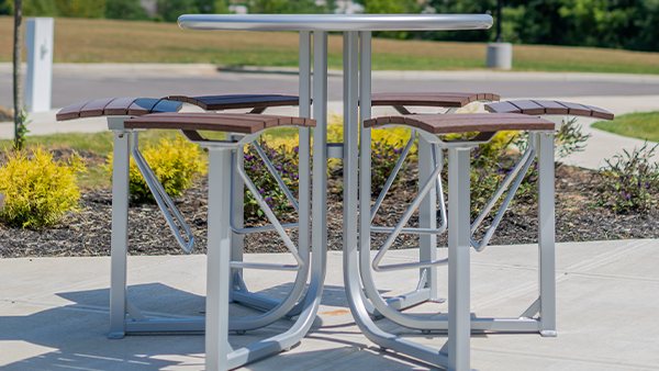 Courtyard tables allow groups to easily have meetings outside