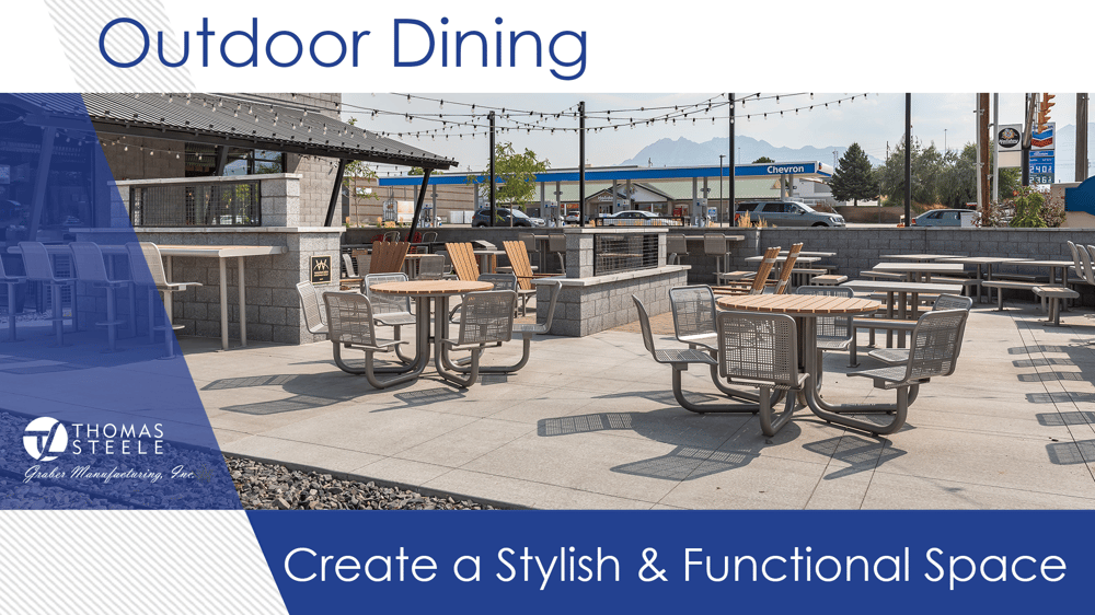 An outdoor dining space with a mix of seating and table sizes, heights and styles. 